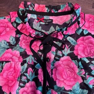 Hell Bunny Sheer Black Floral‎ Top with Pink and Green Accents, Size 2X